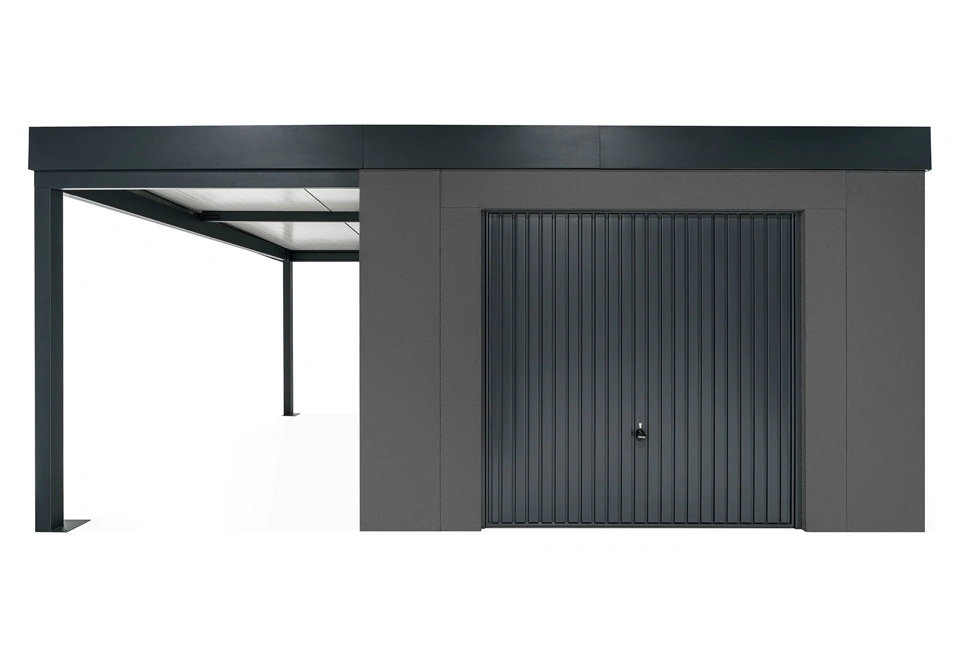 GARDEON® Záhradný domček s garážovou bránou Hörmann a ľavým prístreškom