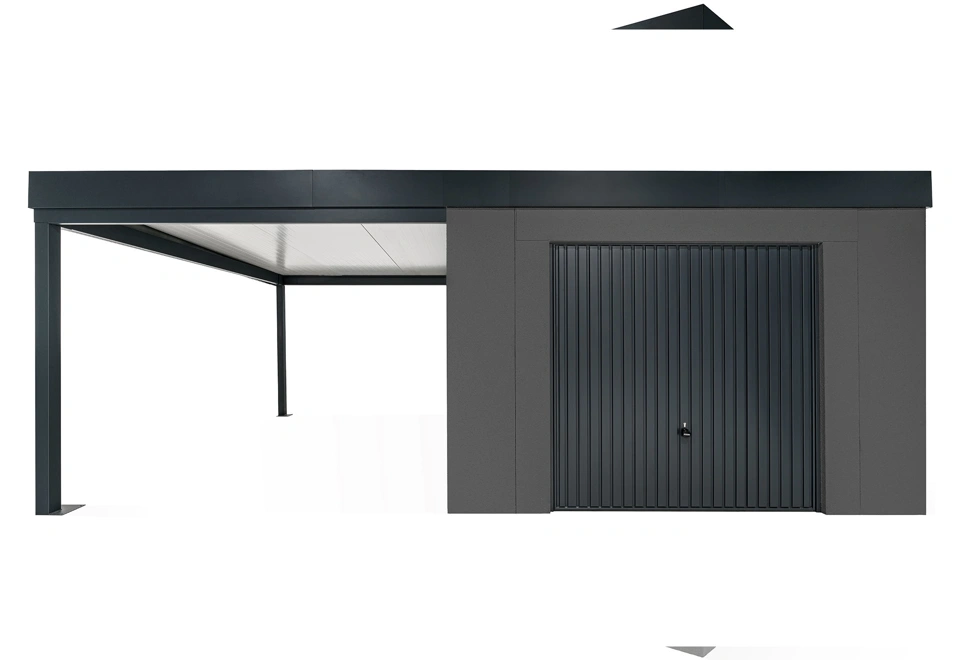 GARDEON® Záhradný domček s garážovou bránou Hörmann a ľavým prístreškom