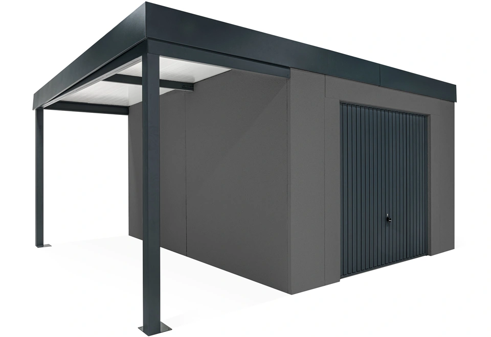 GARDEON® Záhradný domček s garážovou bránou Hörmann a ľavým prístreškom