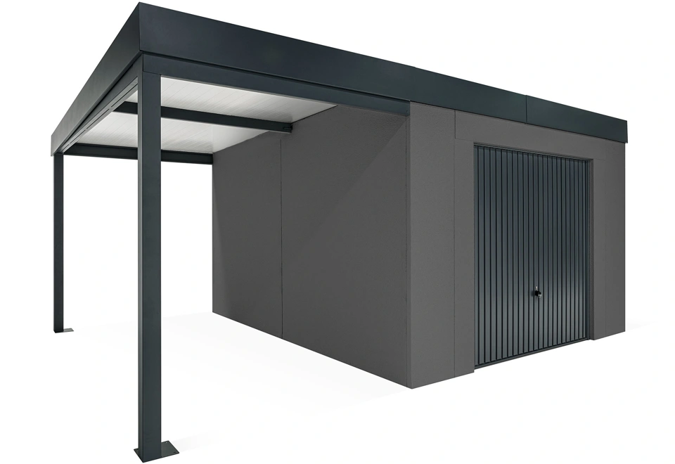 GARDEON® Záhradný domček s garážovou bránou Hörmann a ľavým prístreškom