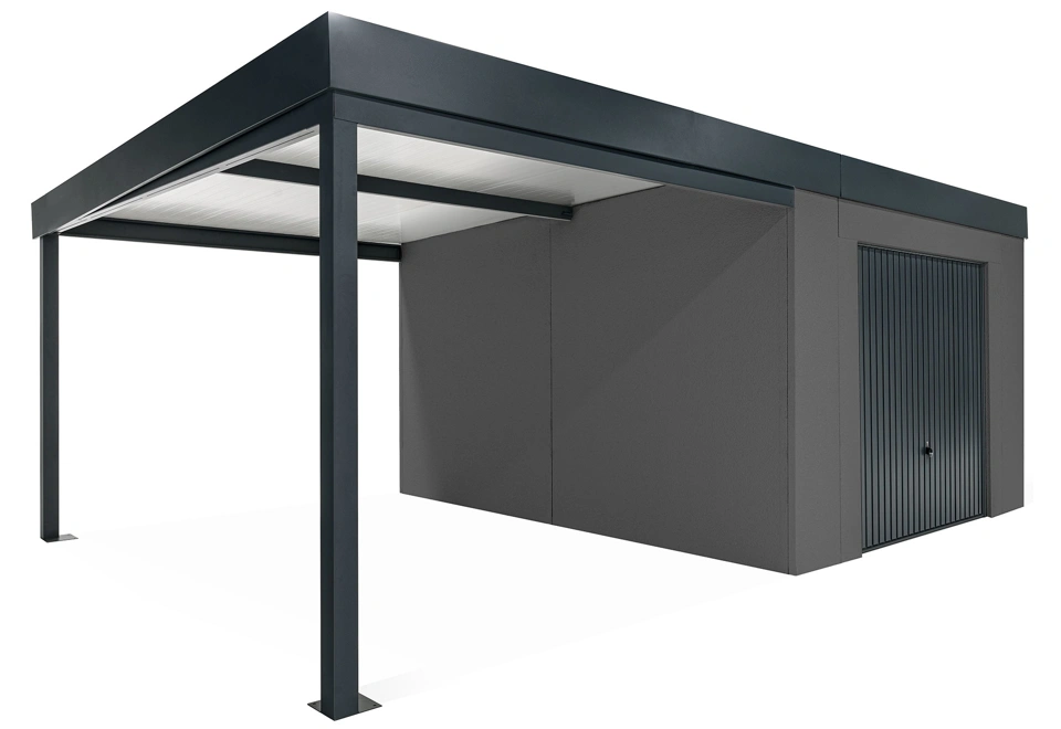 GARDEON® Záhradný domček s garážovou bránou Hörmann a ľavým prístreškom