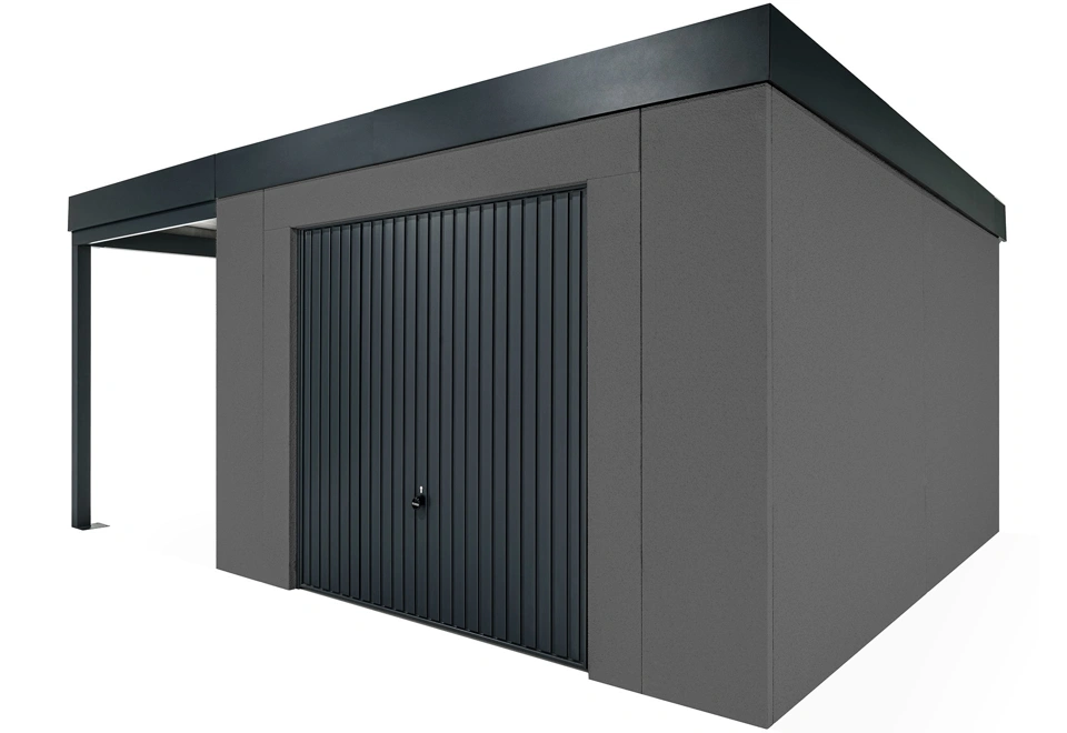 GARDEON® Záhradný domček s garážovou bránou Hörmann a ľavým prístreškom
