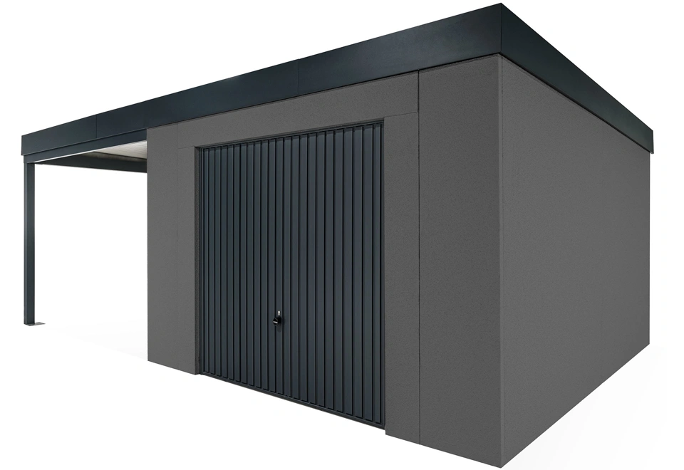 GARDEON® Záhradný domček s garážovou bránou Hörmann a ľavým prístreškom