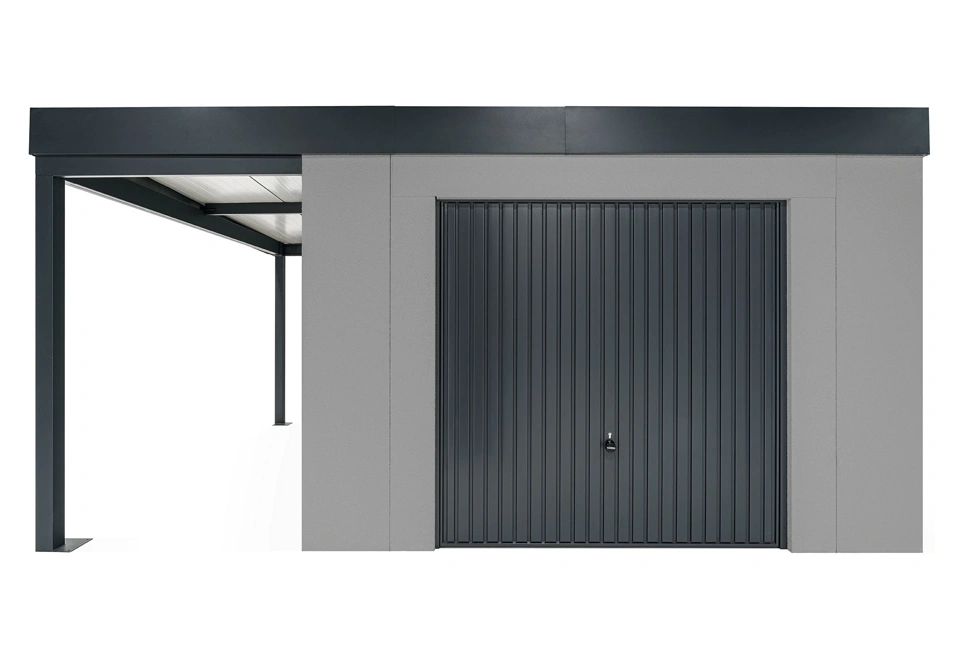 GARDEON® Záhradný domček s garážovou bránou Hörmann a ľavým prístreškom