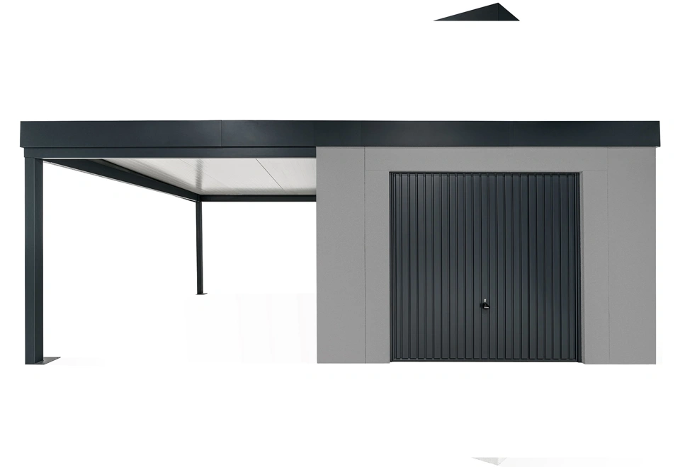 GARDEON® Záhradný domček s garážovou bránou Hörmann a ľavým prístreškom