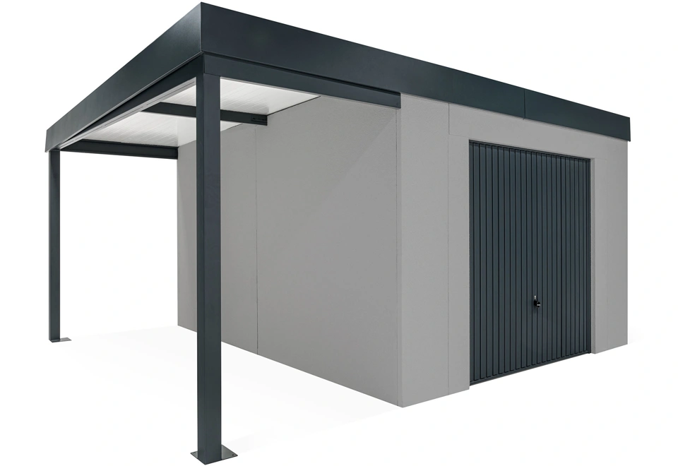 GARDEON® Záhradný domček s garážovou bránou Hörmann a ľavým prístreškom