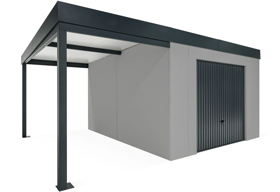 GARDEON® Záhradný domček s garážovou bránou Hörmann a ľavým prístreškom