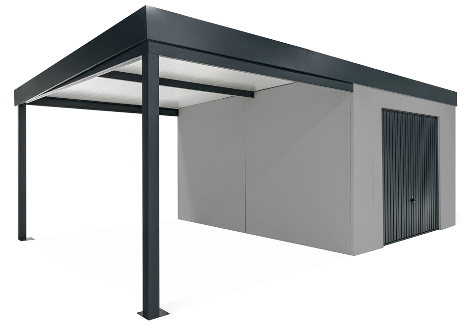 GARDEON® Záhradný domček s garážovou bránou Hörmann a ľavým prístreškom