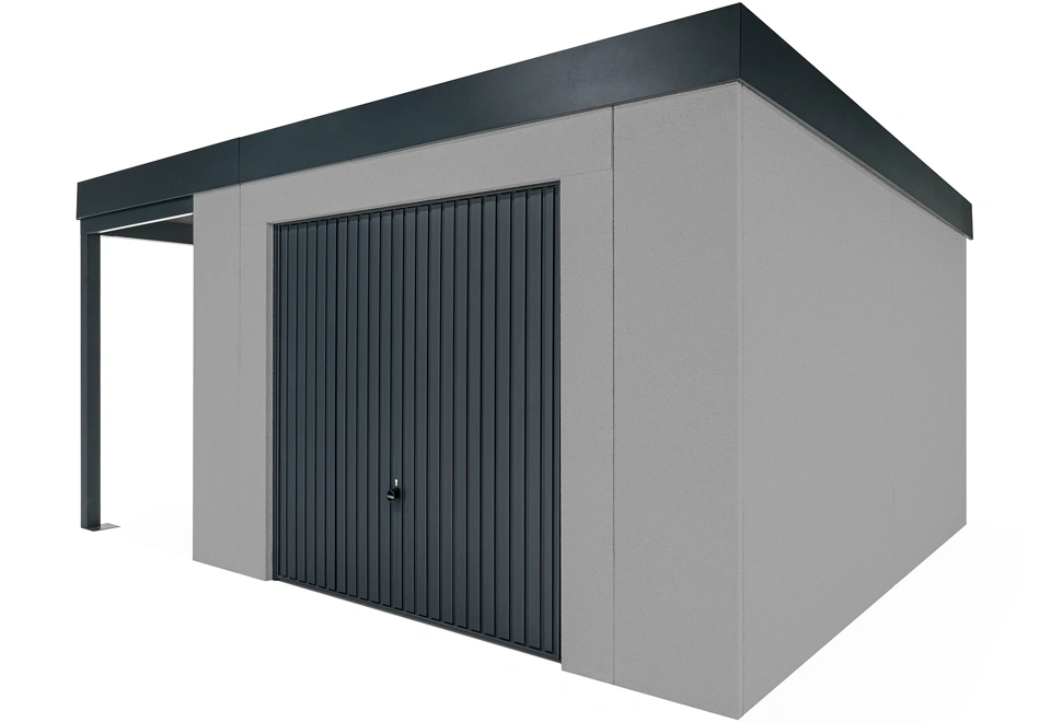 GARDEON® Záhradný domček s garážovou bránou Hörmann a ľavým prístreškom