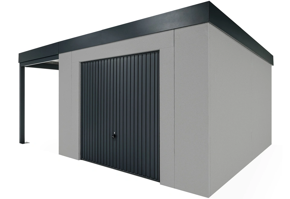 GARDEON® Záhradný domček s garážovou bránou Hörmann a ľavým prístreškom