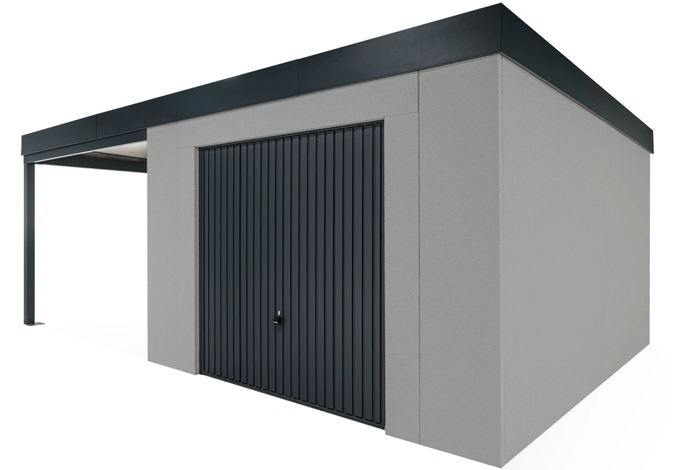 GARDEON® Záhradný domček s garážovou bránou Hörmann a ľavým prístreškom