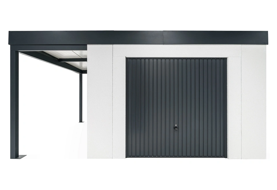 GARDEON® Záhradný domček s garážovou bránou Hörmann a ľavým prístreškom