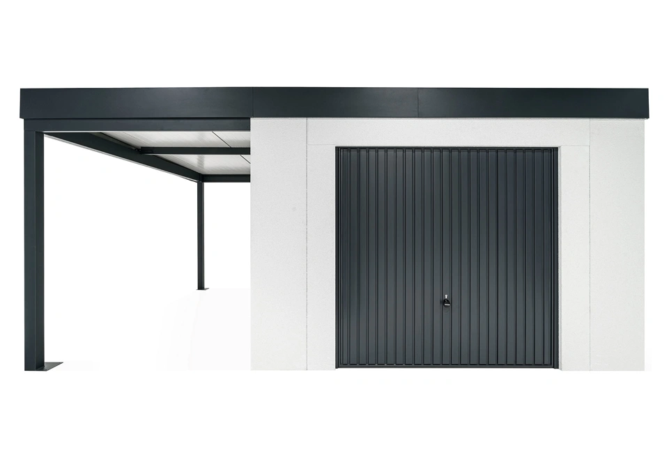 GARDEON® Záhradný domček s garážovou bránou Hörmann a ľavým prístreškom