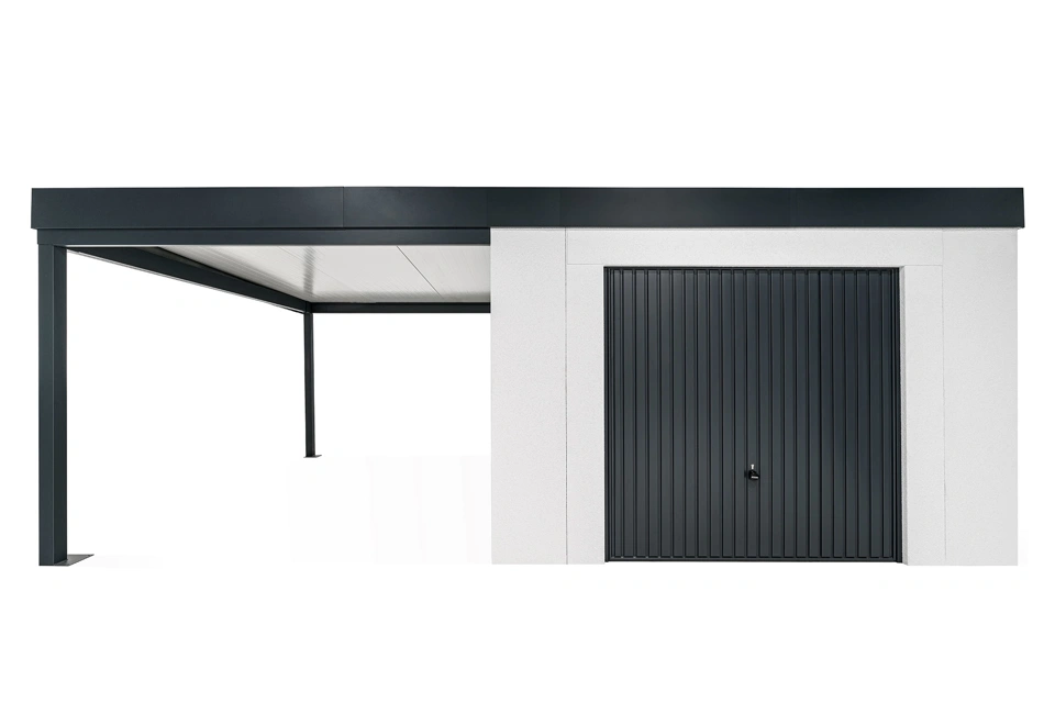 GARDEON® Záhradný domček s garážovou bránou Hörmann a ľavým prístreškom