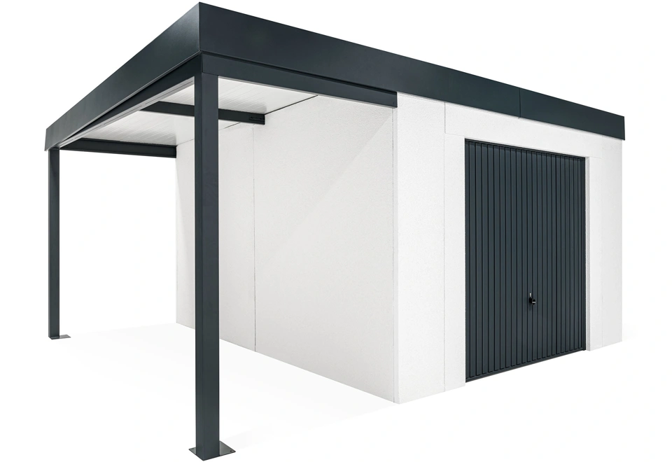 GARDEON® Záhradný domček s garážovou bránou Hörmann a ľavým prístreškom