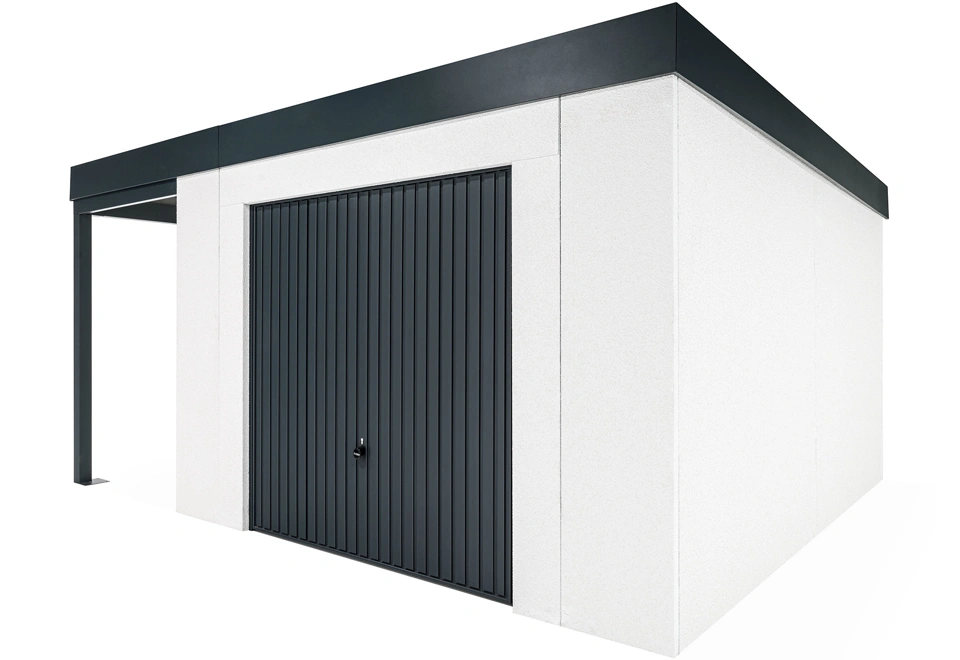 GARDEON® Záhradný domček s garážovou bránou Hörmann a ľavým prístreškom
