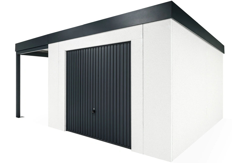 GARDEON® Záhradný domček s garážovou bránou Hörmann a ľavým prístreškom