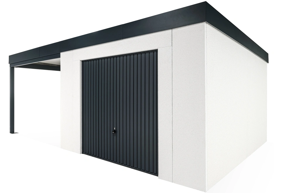 GARDEON® Záhradný domček s garážovou bránou Hörmann a ľavým prístreškom