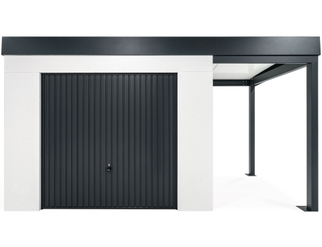 GARDEON® Záhradný domček s garážovou bránou Hörmann a pravým prístreškom