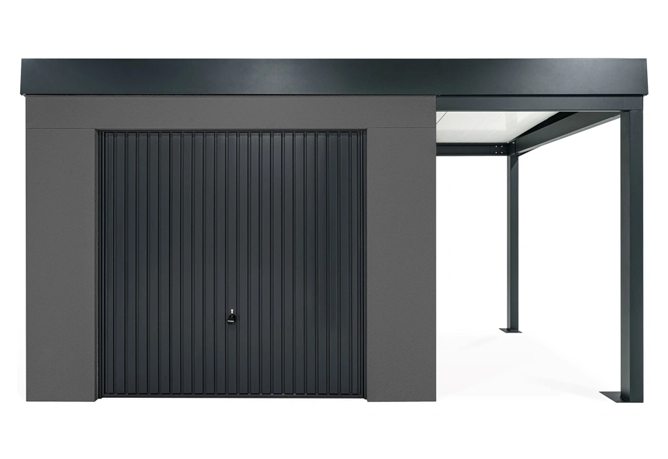 GARDEON® Záhradný domček s garážovou bránou Hörmann a pravým prístreškom