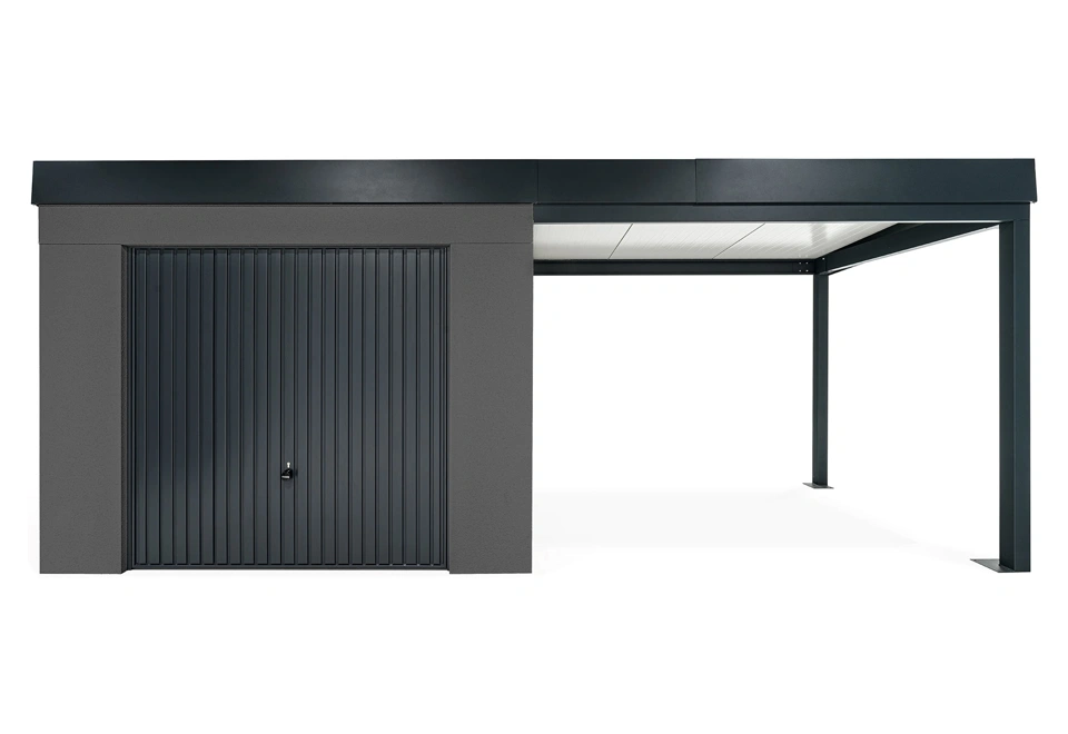 GARDEON® Záhradný domček s garážovou bránou Hörmann a pravým prístreškom