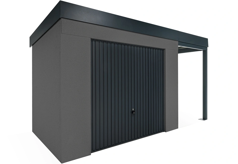 GARDEON® Záhradný domček s garážovou bránou Hörmann a pravým prístreškom