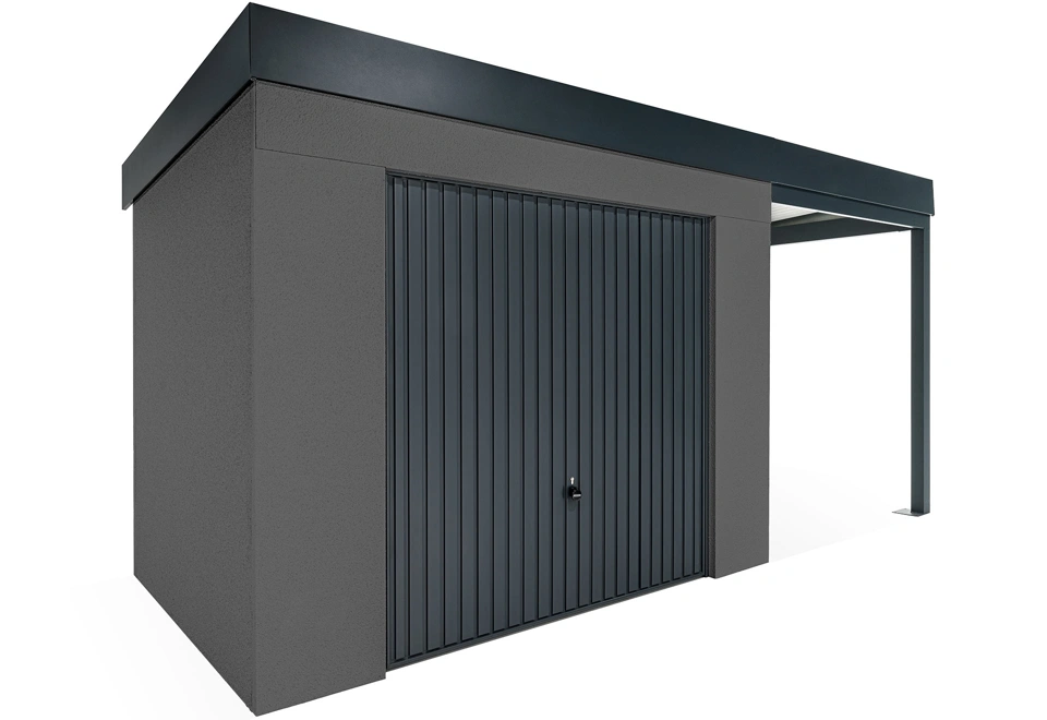 GARDEON® Záhradný domček s garážovou bránou Hörmann a pravým prístreškom