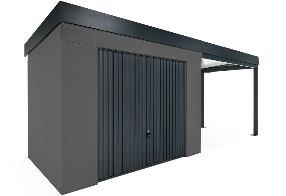 GARDEON® Záhradný domček s garážovou bránou Hörmann a pravým prístreškom