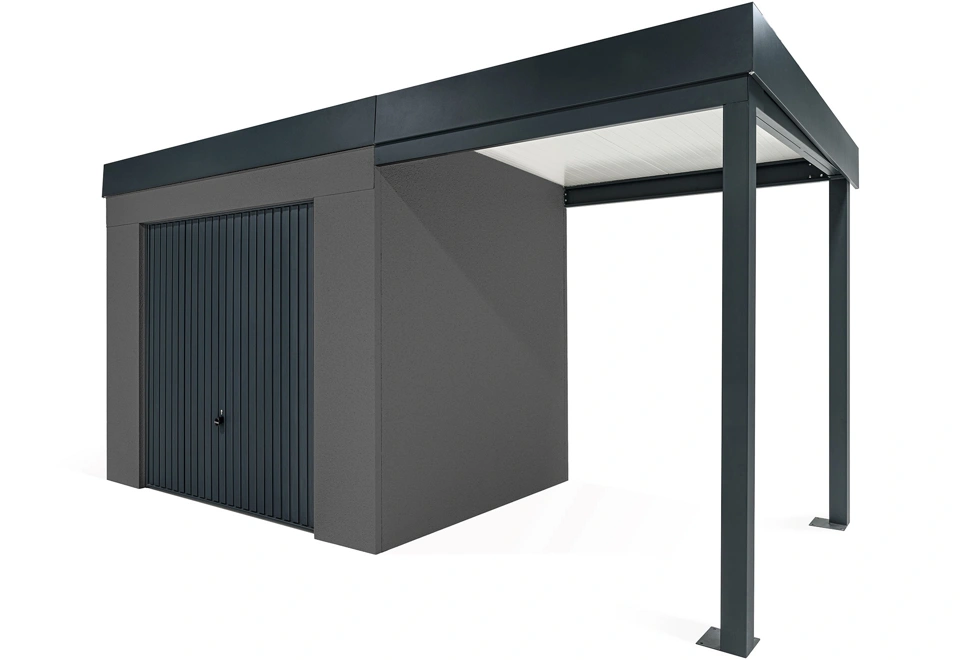 GARDEON® Záhradný domček s garážovou bránou Hörmann a pravým prístreškom