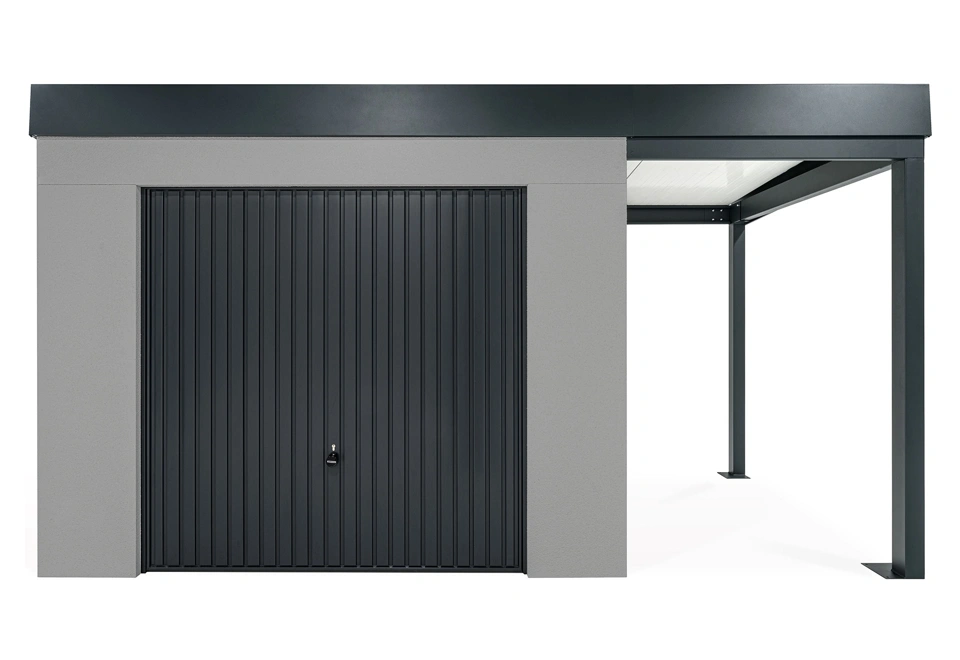 GARDEON® Záhradný domček s garážovou bránou Hörmann a pravým prístreškom