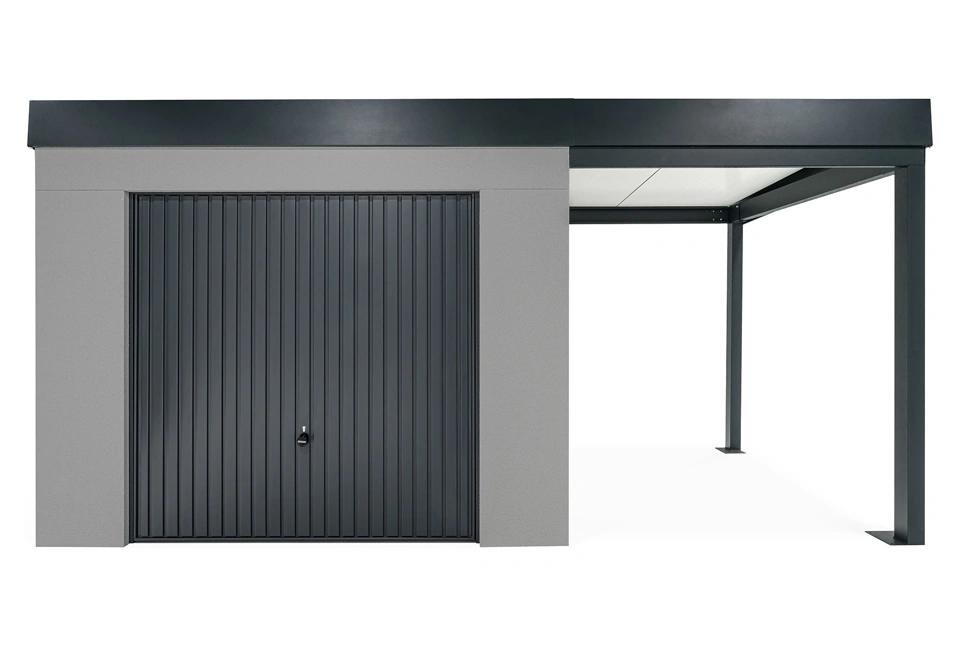 GARDEON® Záhradný domček s garážovou bránou Hörmann a pravým prístreškom