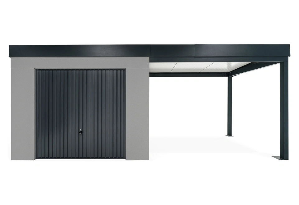 GARDEON® Záhradný domček s garážovou bránou Hörmann a pravým prístreškom