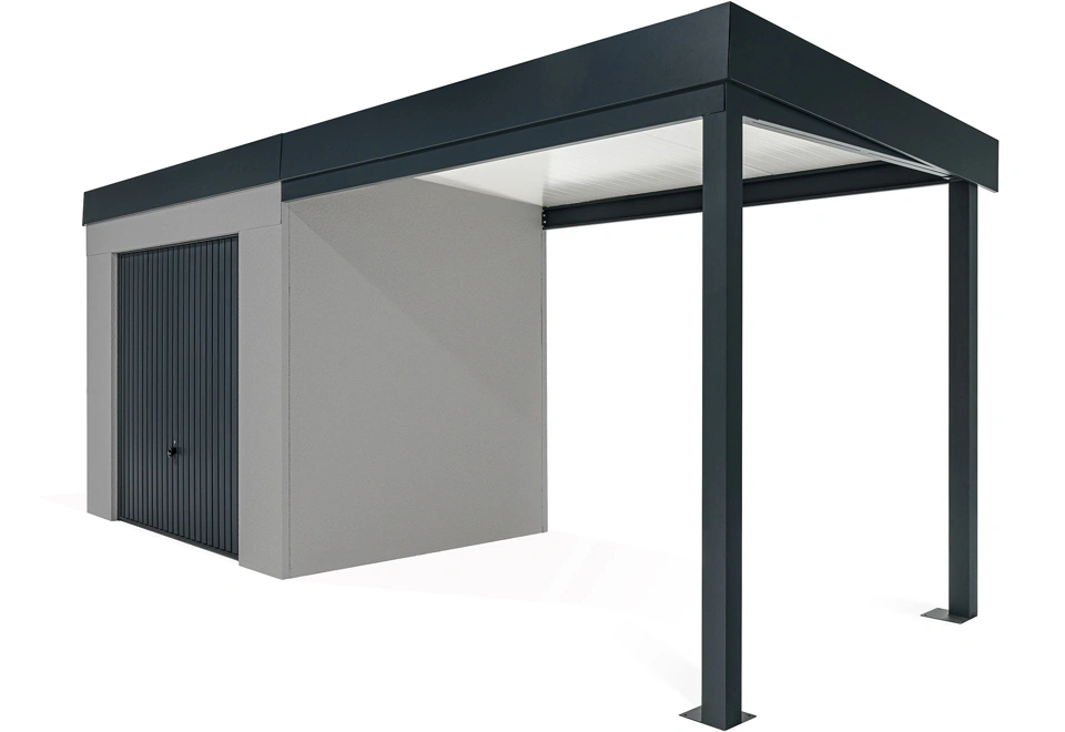 GARDEON® Záhradný domček s garážovou bránou Hörmann a pravým prístreškom