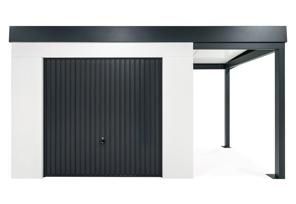 GARDEON® Záhradný domček s garážovou bránou Hörmann a pravým prístreškom