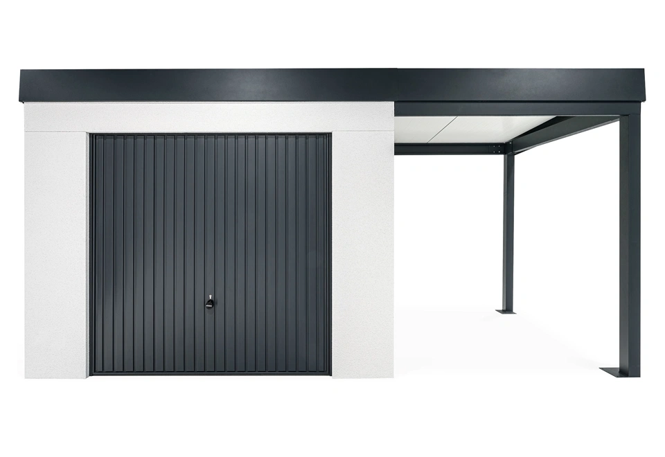 GARDEON® Záhradný domček s garážovou bránou Hörmann a pravým prístreškom