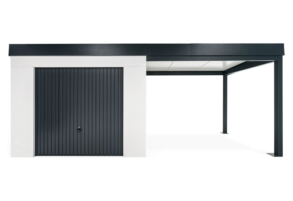 GARDEON® Záhradný domček s garážovou bránou Hörmann a pravým prístreškom