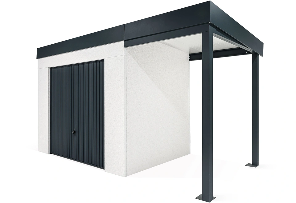 GARDEON® Záhradný domček s garážovou bránou Hörmann a pravým prístreškom