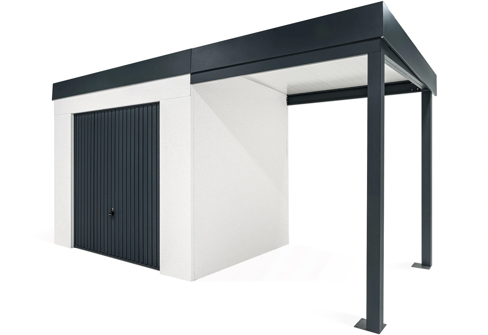 GARDEON® Záhradný domček s garážovou bránou Hörmann a pravým prístreškom