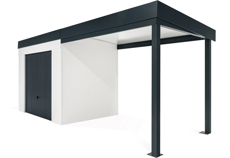 GARDEON® Záhradný domček s garážovou bránou Hörmann a pravým prístreškom