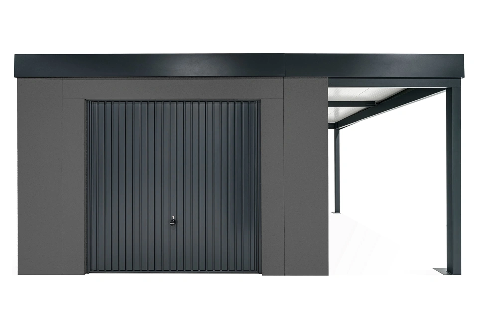 GARDEON® Záhradný domček s garážovou bránou Hörmann a pravým prístreškom