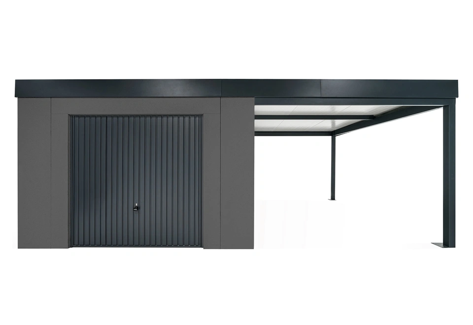 GARDEON® Záhradný domček s garážovou bránou Hörmann a pravým prístreškom