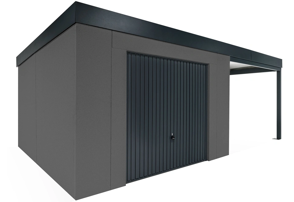 GARDEON® Záhradný domček s garážovou bránou Hörmann a pravým prístreškom