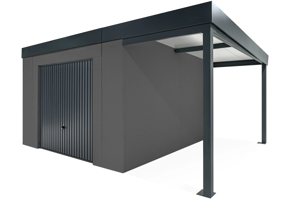 GARDEON® Záhradný domček s garážovou bránou Hörmann a pravým prístreškom