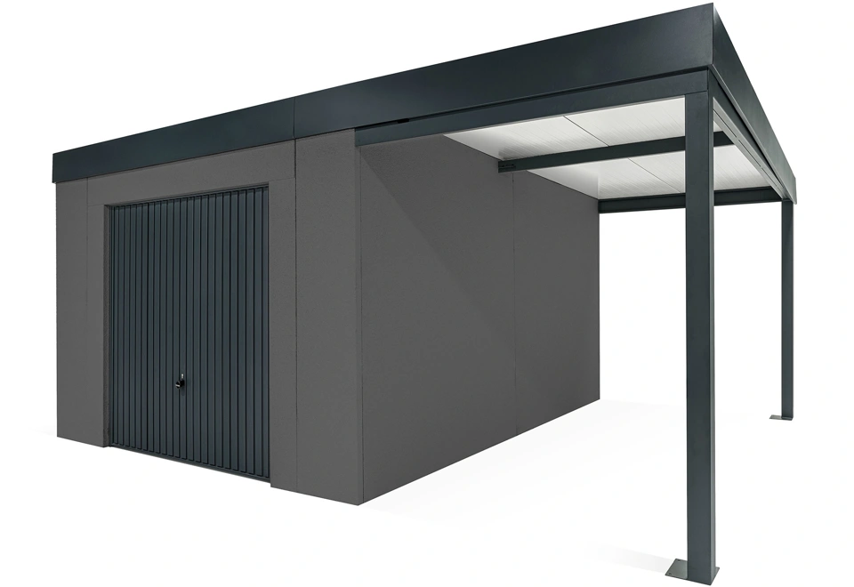 GARDEON® Záhradný domček s garážovou bránou Hörmann a pravým prístreškom