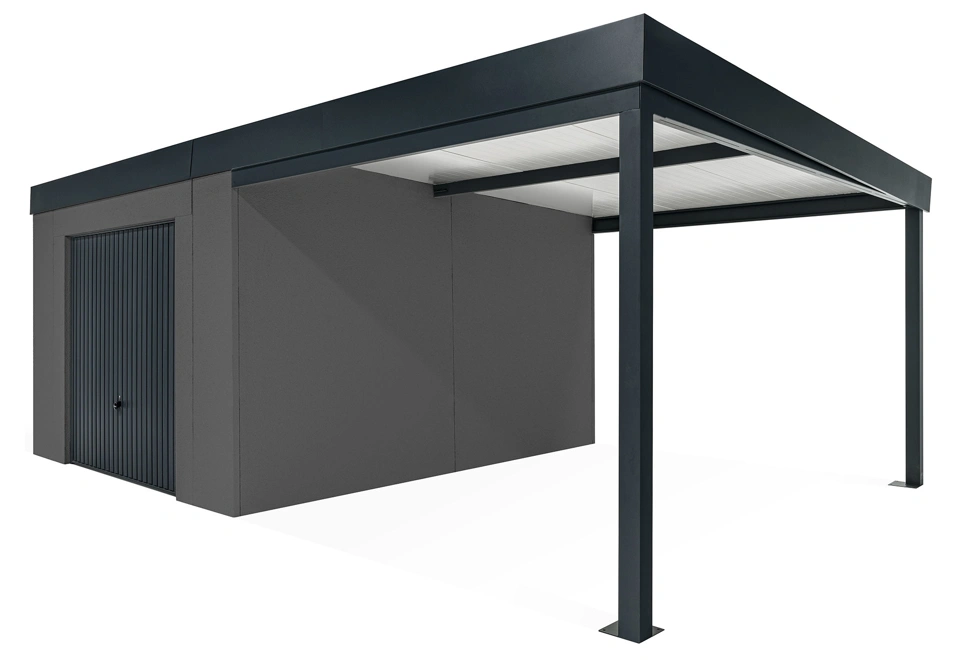 GARDEON® Záhradný domček s garážovou bránou Hörmann a pravým prístreškom