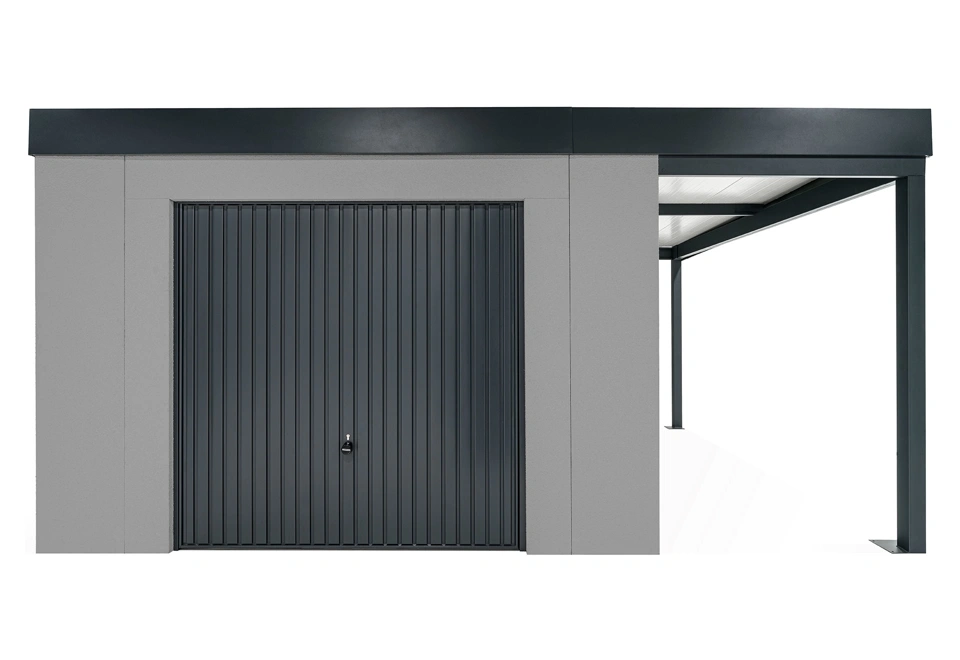 GARDEON® Záhradný domček s garážovou bránou Hörmann a pravým prístreškom