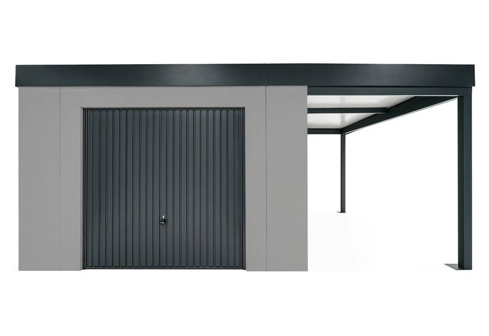 GARDEON® Záhradný domček s garážovou bránou Hörmann a pravým prístreškom