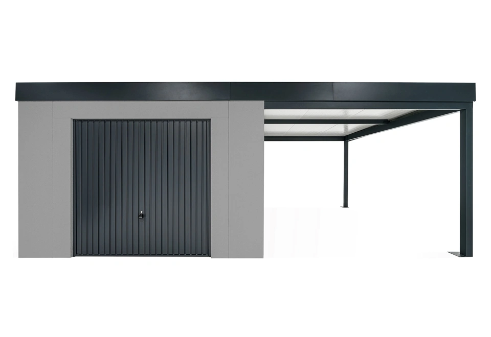 GARDEON® Záhradný domček s garážovou bránou Hörmann a pravým prístreškom