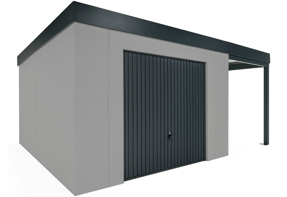 GARDEON® Záhradný domček s garážovou bránou Hörmann a pravým prístreškom