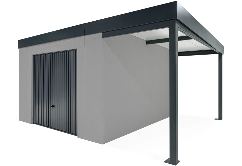 GARDEON® Záhradný domček s garážovou bránou Hörmann a pravým prístreškom